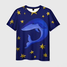 Мужская футболка 3D с принтом Звездный кит в Тюмени, 100% полиэфир | прямой крой, круглый вырез горловины, длина до линии бедер | Тематика изображения на принте: звезды | золотые | кит | ночное небо | синий | созвездие