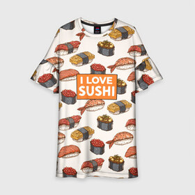 Детское платье 3D с принтом I love sushi Я люблю суши в Тюмени, 100% полиэстер | прямой силуэт, чуть расширенный к низу. Круглая горловина, на рукавах — воланы | Тематика изображения на принте: japan | japanese | виды суши | гункан | гунканы | икра | красная икра | красная рыба | креветка | лосось | маки | нигири | омлет | паттерн | ролл | роллы | сашими | суси | узор | фастфуд | форель | футомаки