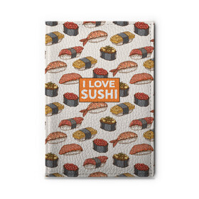 Обложка для автодокументов с принтом I love sushi Я люблю суши в Тюмени, натуральная кожа |  размер 19,9*13 см; внутри 4 больших “конверта” для документов и один маленький отдел — туда идеально встанут права | japan | japanese | виды суши | гункан | гунканы | икра | красная икра | красная рыба | креветка | лосось | маки | нигири | омлет | паттерн | ролл | роллы | сашими | суси | узор | фастфуд | форель | футомаки