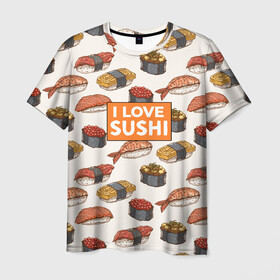 Мужская футболка 3D с принтом I love sushi Я люблю суши в Тюмени, 100% полиэфир | прямой крой, круглый вырез горловины, длина до линии бедер | Тематика изображения на принте: japan | japanese | виды суши | гункан | гунканы | икра | красная икра | красная рыба | креветка | лосось | маки | нигири | омлет | паттерн | ролл | роллы | сашими | суси | узор | фастфуд | форель | футомаки