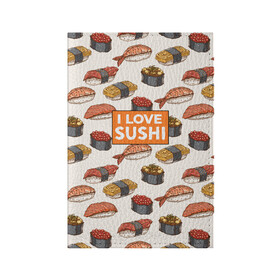 Обложка для паспорта матовая кожа с принтом I love sushi Я люблю суши в Тюмени, натуральная матовая кожа | размер 19,3 х 13,7 см; прозрачные пластиковые крепления | japan | japanese | виды суши | гункан | гунканы | икра | красная икра | красная рыба | креветка | лосось | маки | нигири | омлет | паттерн | ролл | роллы | сашими | суси | узор | фастфуд | форель | футомаки