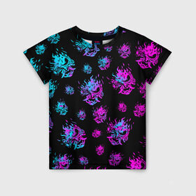 Детская футболка 3D с принтом CYBERPUNK NEON PATTERN в Тюмени, 100% гипоаллергенный полиэфир | прямой крой, круглый вырез горловины, длина до линии бедер, чуть спущенное плечо, ткань немного тянется | Тематика изображения на принте: 2019 | cd project red | cyberpunk 2077 | cyberpunk fashion | hacker | keanu reeves | maelstrom | militech | night city | quadra | samurai | samurai cyberpunk 2077 | sci fi | trauma team | v | ви | киану ривз | киберпанк 2077 | логотип | роботы | 