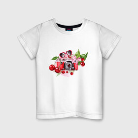 Детская футболка хлопок с принтом Воспоминания о лете в Тюмени, 100% хлопок | круглый вырез горловины, полуприлегающий силуэт, длина до линии бедер | вишня | жара | июнь | листья | фотоаппарат | черешня