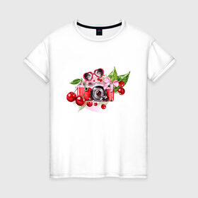 Женская футболка хлопок с принтом Воспоминания о лете в Тюмени, 100% хлопок | прямой крой, круглый вырез горловины, длина до линии бедер, слегка спущенное плечо | вишня | жара | июнь | листья | фотоаппарат | черешня