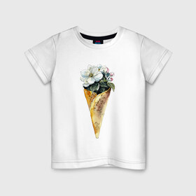 Детская футболка хлопок с принтом Мороженко в Тюмени, 100% хлопок | круглый вырез горловины, полуприлегающий силуэт, длина до линии бедер | акварель | букет | мороженое | цветы