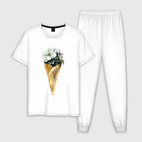 Мужская пижама хлопок с принтом Мороженко в Тюмени, 100% хлопок | брюки и футболка прямого кроя, без карманов, на брюках мягкая резинка на поясе и по низу штанин
 | акварель | букет | мороженое | цветы
