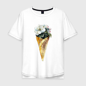 Мужская футболка хлопок Oversize с принтом Мороженко в Тюмени, 100% хлопок | свободный крой, круглый ворот, “спинка” длиннее передней части | акварель | букет | мороженое | цветы
