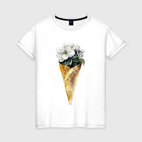 Женская футболка хлопок с принтом Мороженко в Тюмени, 100% хлопок | прямой крой, круглый вырез горловины, длина до линии бедер, слегка спущенное плечо | акварель | букет | мороженое | цветы