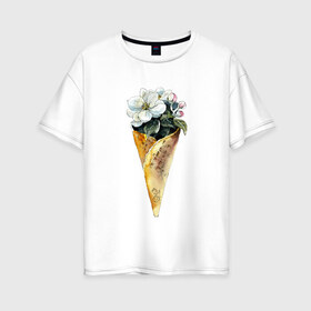 Женская футболка хлопок Oversize с принтом Мороженко в Тюмени, 100% хлопок | свободный крой, круглый ворот, спущенный рукав, длина до линии бедер
 | акварель | букет | мороженое | цветы
