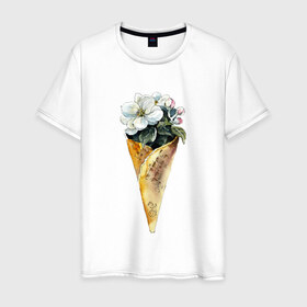 Мужская футболка хлопок с принтом Мороженко в Тюмени, 100% хлопок | прямой крой, круглый вырез горловины, длина до линии бедер, слегка спущенное плечо. | акварель | букет | мороженое | цветы