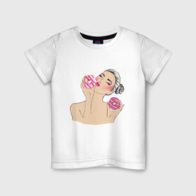 Детская футболка хлопок с принтом Моя любовь-пончики в Тюмени, 100% хлопок | круглый вырез горловины, полуприлегающий силуэт, длина до линии бедер | Тематика изображения на принте: вкусно | девушка | пончик | сладости