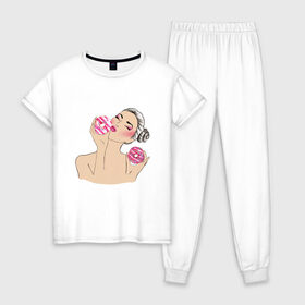 Женская пижама хлопок с принтом Моя любовь-пончики в Тюмени, 100% хлопок | брюки и футболка прямого кроя, без карманов, на брюках мягкая резинка на поясе и по низу штанин | вкусно | девушка | пончик | сладости