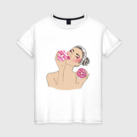 Женская футболка хлопок с принтом Моя любовь-пончики в Тюмени, 100% хлопок | прямой крой, круглый вырез горловины, длина до линии бедер, слегка спущенное плечо | вкусно | девушка | пончик | сладости