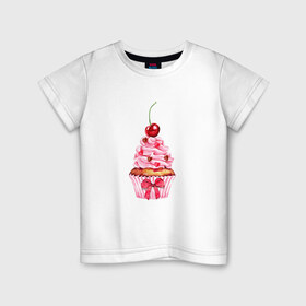 Детская футболка хлопок с принтом Капкейк в Тюмени, 100% хлопок | круглый вырез горловины, полуприлегающий силуэт, длина до линии бедер | Тематика изображения на принте: вишенка | к чаю | кекс | крем