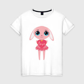 Женская футболка хлопок с принтом Зайчик с сердечком в Тюмени, 100% хлопок | прямой крой, круглый вырез горловины, длина до линии бедер, слегка спущенное плечо | love | rabbit | зайка | зайчик | кролик | любовь | сердечко