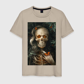 Мужская футболка хлопок с принтом Скелет и баббочки в Тюмени, 100% хлопок | прямой крой, круглый вырез горловины, длина до линии бедер, слегка спущенное плечо. | бабочки | насекомые | природа | скелет | фентези | череп