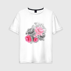 Женская футболка хлопок Oversize с принтом Букет в Тюмени, 100% хлопок | свободный крой, круглый ворот, спущенный рукав, длина до линии бедер
 | акварель | девушка | нежность | пионы | цветы