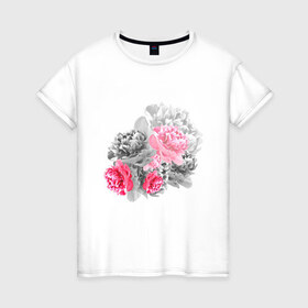 Женская футболка хлопок с принтом Букет в Тюмени, 100% хлопок | прямой крой, круглый вырез горловины, длина до линии бедер, слегка спущенное плечо | акварель | девушка | нежность | пионы | цветы