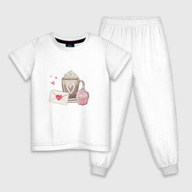 Детская пижама хлопок с принтом И что бы это значило? в Тюмени, 100% хлопок |  брюки и футболка прямого кроя, без карманов, на брюках мягкая резинка на поясе и по низу штанин
 | Тематика изображения на принте: еда | записка | капкейк