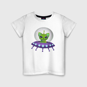 Детская футболка хлопок с принтом Инопланетный кот в Тюмени, 100% хлопок | круглый вырез горловины, полуприлегающий силуэт, длина до линии бедер | neon | space | вселенная | звезды | зеленые человечки | инопланетяне | космос | кот | неон | нло | огни | тарелка