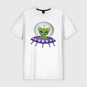 Мужская футболка хлопок Slim с принтом Инопланетный кот в Тюмени, 92% хлопок, 8% лайкра | приталенный силуэт, круглый вырез ворота, длина до линии бедра, короткий рукав | neon | space | вселенная | звезды | зеленые человечки | инопланетяне | космос | кот | неон | нло | огни | тарелка