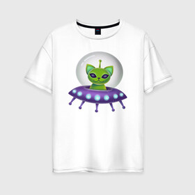 Женская футболка хлопок Oversize с принтом Инопланетный кот в Тюмени, 100% хлопок | свободный крой, круглый ворот, спущенный рукав, длина до линии бедер
 | neon | space | вселенная | звезды | зеленые человечки | инопланетяне | космос | кот | неон | нло | огни | тарелка