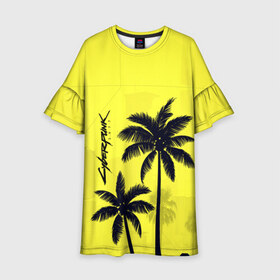 Детское платье 3D с принтом Cyberpunk 2077 - Пальмы в Тюмени, 100% полиэстер | прямой силуэт, чуть расширенный к низу. Круглая горловина, на рукавах — воланы | Тематика изображения на принте: cyberpunk 2077 | город | желтый | игра | кибер | киберпанк | летний | логотип | пальмы | подарок | силуэт