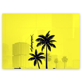Поздравительная открытка с принтом Cyberpunk 2077 - Пальмы в Тюмени, 100% бумага | плотность бумаги 280 г/м2, матовая, на обратной стороне линовка и место для марки
 | Тематика изображения на принте: cyberpunk 2077 | город | желтый | игра | кибер | киберпанк | летний | логотип | пальмы | подарок | силуэт