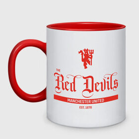 Кружка двухцветная с принтом MU Red Devils в Тюмени, керамика | объем — 330 мл, диаметр — 80 мм. Цветная ручка и кайма сверху, в некоторых цветах — вся внутренняя часть | Тематика изображения на принте: devils | fc | manchester | mu | red | united | англия | дьяволы | красные | манчестер | мю | юнайтед