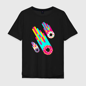 Мужская футболка хлопок Oversize с принтом Donut Meteorites в Тюмени, 100% хлопок | свободный крой, круглый ворот, “спинка” длиннее передней части | Тематика изображения на принте: donuts | пончики | пончики метеориты