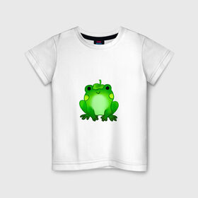 Детская футболка хлопок с принтом Жаба с листиком в Тюмени, 100% хлопок | круглый вырез горловины, полуприлегающий силуэт, длина до линии бедер | жаба | зеленая | лягуха | лягушка | милая | с листочком