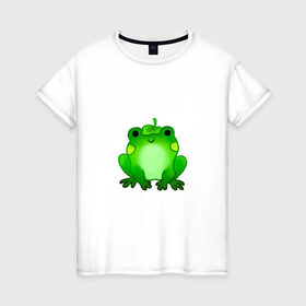 Женская футболка хлопок с принтом Жаба с листиком в Тюмени, 100% хлопок | прямой крой, круглый вырез горловины, длина до линии бедер, слегка спущенное плечо | жаба | зеленая | лягуха | лягушка | милая | с листочком