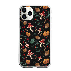 Чехол для iPhone 11 Pro матовый с принтом Лесной принт с мухоморами в Тюмени, Силикон |  | грибы | желуди | лесной | листья | мухоморы | узор | черный