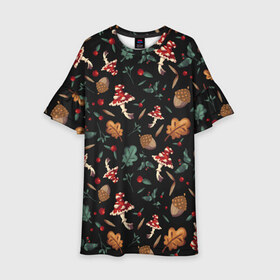 Детское платье 3D с принтом Лесной принт с мухоморами в Тюмени, 100% полиэстер | прямой силуэт, чуть расширенный к низу. Круглая горловина, на рукавах — воланы | Тематика изображения на принте: грибы | желуди | лесной | листья | мухоморы | узор | черный
