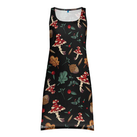 Платье-майка 3D с принтом Лесной принт с мухоморами в Тюмени, 100% полиэстер | полуприлегающий силуэт, широкие бретели, круглый вырез горловины, удлиненный подол сзади. | грибы | желуди | лесной | листья | мухоморы | узор | черный