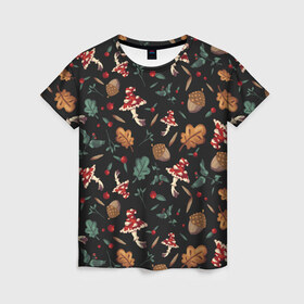 Женская футболка 3D с принтом Лесной принт с мухоморами в Тюмени, 100% полиэфир ( синтетическое хлопкоподобное полотно) | прямой крой, круглый вырез горловины, длина до линии бедер | грибы | желуди | лесной | листья | мухоморы | узор | черный