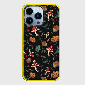 Чехол для iPhone 13 Pro с принтом Лесной принт с мухоморами в Тюмени,  |  | Тематика изображения на принте: грибы | желуди | лесной | листья | мухоморы | узор | черный
