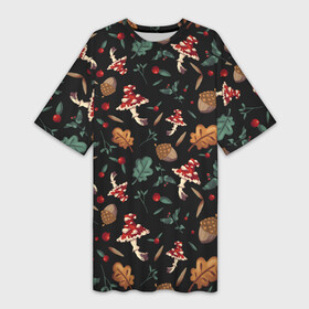 Платье-футболка 3D с принтом Лесной принт с мухоморами в Тюмени,  |  | грибы | желуди | лесной | листья | мухоморы | узор | черный