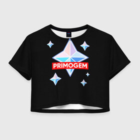 Женская футболка Crop-top 3D с принтом PRIMOGEM в Тюмени, 100% полиэстер | круглая горловина, длина футболки до линии талии, рукава с отворотами | genshin | genshin impact | legendary | primogem | roll | геншин | геншин импакт | молитва | примогем | хочу верить