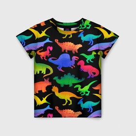 Детская футболка 3D с принтом Яркие динозавры в Тюмени, 100% гипоаллергенный полиэфир | прямой крой, круглый вырез горловины, длина до линии бедер, чуть спущенное плечо, ткань немного тянется | дино | динозавры | диносы | разноцветные | хищные | цветные | юрский период