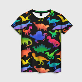 Женская футболка 3D с принтом Яркие динозавры в Тюмени, 100% полиэфир ( синтетическое хлопкоподобное полотно) | прямой крой, круглый вырез горловины, длина до линии бедер | дино | динозавры | диносы | разноцветные | хищные | цветные | юрский период