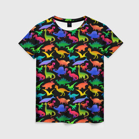 Женская футболка 3D с принтом Яркие динозавры в Тюмени, 100% полиэфир ( синтетическое хлопкоподобное полотно) | прямой крой, круглый вырез горловины, длина до линии бедер | дино | динозавры | диносы | разноцветные | хищные | цветные | юрский период