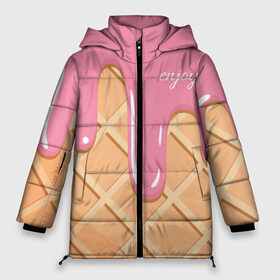 Женская зимняя куртка 3D с принтом Мороженое Рожок в Тюмени, верх — 100% полиэстер; подкладка — 100% полиэстер; утеплитель — 100% полиэстер | длина ниже бедра, силуэт Оверсайз. Есть воротник-стойка, отстегивающийся капюшон и ветрозащитная планка. 

Боковые карманы с листочкой на кнопках и внутренний карман на молнии | enjoy | вафля | мороженко | мороженое | рожок | удовольствие | я мороженое