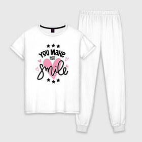Женская пижама хлопок с принтом You Make me Smile в Тюмени, 100% хлопок | брюки и футболка прямого кроя, без карманов, на брюках мягкая резинка на поясе и по низу штанин | 
