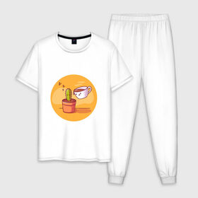 Мужская пижама хлопок с принтом Кофе и Кактус в Тюмени, 100% хлопок | брюки и футболка прямого кроя, без карманов, на брюках мягкая резинка на поясе и по низу штанин
 | кактус | кофе | мило | спит