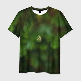Мужская футболка 3D с принтом Паучок в Тюмени, 100% полиэфир | прямой крой, круглый вырез горловины, длина до линии бедер | Тематика изображения на принте: spider | web | зелень | лес | макро | паук | паутина | природа