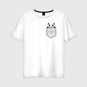 Женская футболка хлопок Oversize с принтом Панда В Кармане в Тюмени, 100% хлопок | свободный крой, круглый ворот, спущенный рукав, длина до линии бедер
 | animals | beats | head | panda | pocket | в кармане | голова | животные | звери | лапки | любовь | панда