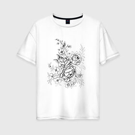 Женская футболка хлопок Oversize с принтом Графика тату в Тюмени, 100% хлопок | свободный крой, круглый ворот, спущенный рукав, длина до линии бедер
 | монохром | пион | розы | татуировка | цветы