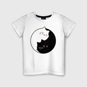 Детская футболка хлопок с принтом Yin and Yang cats в Тюмени, 100% хлопок | круглый вырез горловины, полуприлегающий силуэт, длина до линии бедер | anime | cat | cats | kitten | love | philosophy | yang | yin | yoga | аниме | инь | йога | кот | котенок | котик | котики | коты | любовь | противоположность | сердце | философия | ян