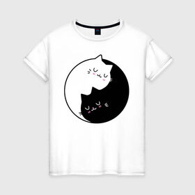 Женская футболка хлопок с принтом Yin and Yang cats в Тюмени, 100% хлопок | прямой крой, круглый вырез горловины, длина до линии бедер, слегка спущенное плечо | anime | cat | cats | kitten | love | philosophy | yang | yin | yoga | аниме | инь | йога | кот | котенок | котик | котики | коты | любовь | противоположность | сердце | философия | ян